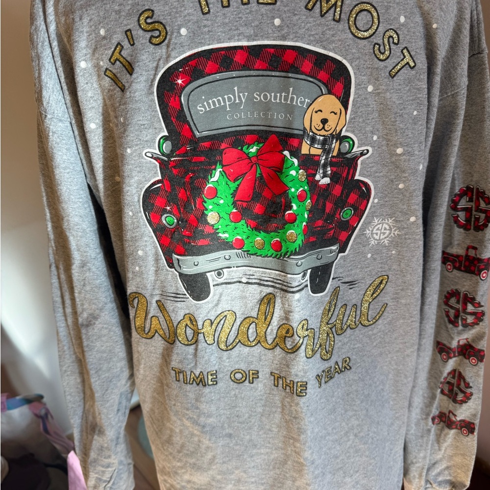 Simply Southern Holiday Long Sleeve Shirt - Gray with Red and Green Accents